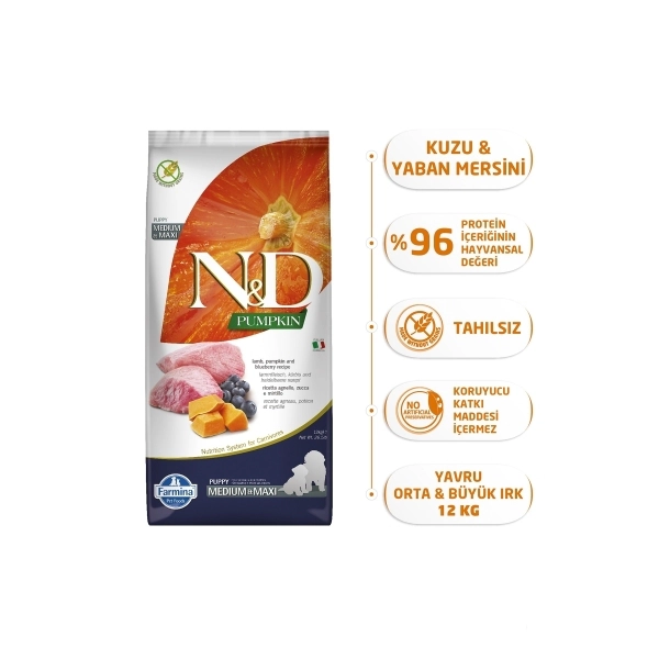 N&D Pumpkin Bal Kabaklı Kuzulu ve Yaban Mersinli Orta ve Büyük Irk Tahılsız Yavru Köpek Maması 12kg